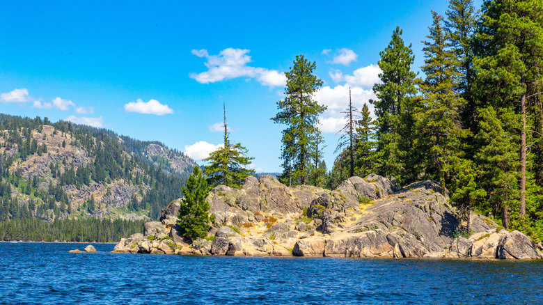 A rocky outcropping with pine trees on Payette Lake, near McCall, Idaho