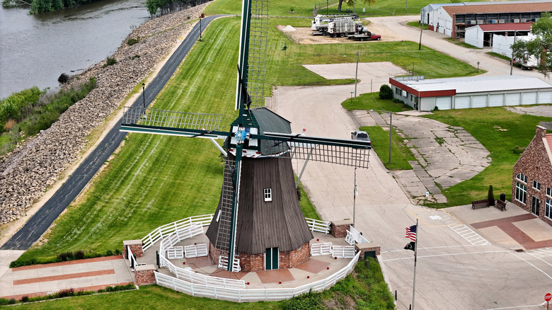An aerial view of a traditional Dutch windmill in Fulton, Illinois
