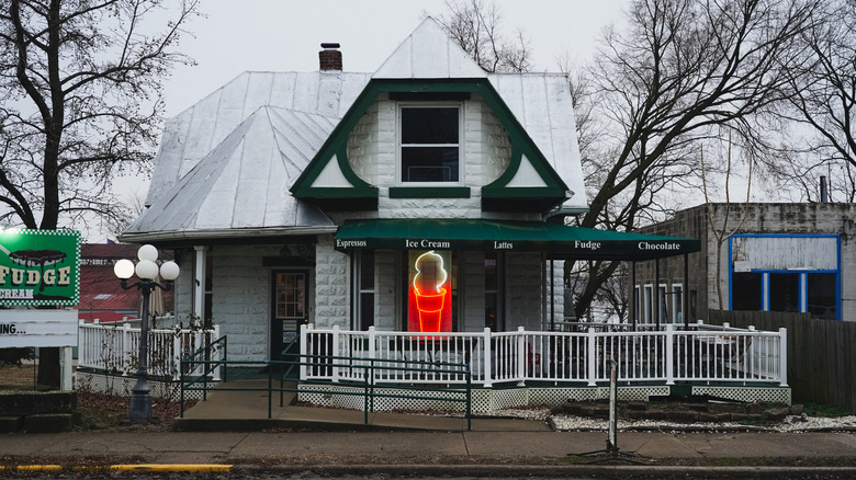 A neon ice cream cone sign on the front of Grafton Fudge and Ice Cream, Grafton, Illinois