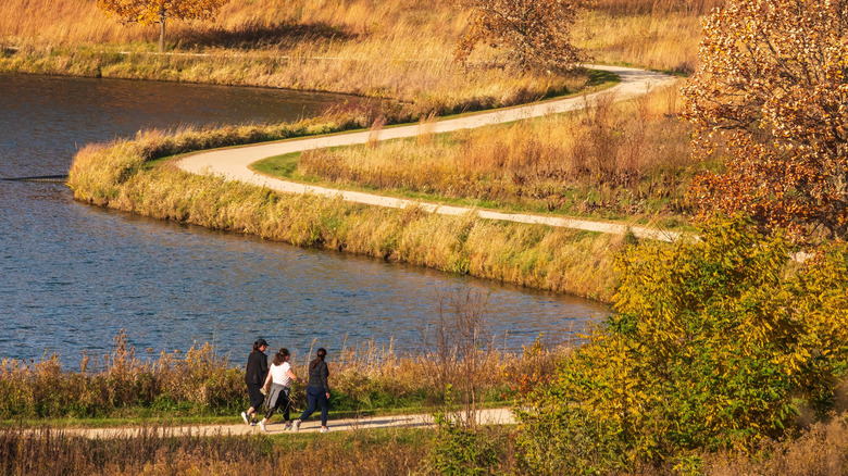 Three women hike a scenic trail winding around a lake in Independence Grove Forest Preserve near Libertyville, Illinois