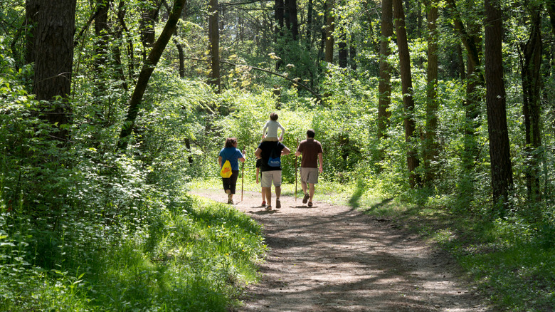 A family walks through a wooded area near Crystal Lake, Illinois