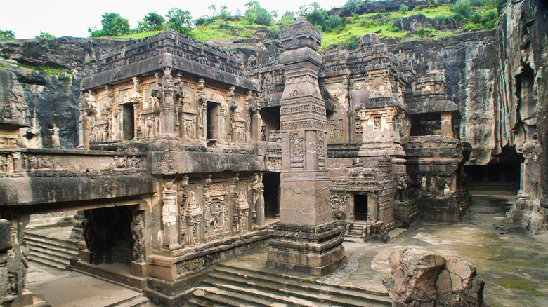 Partial view of the stone carvings in the Ellora Caves