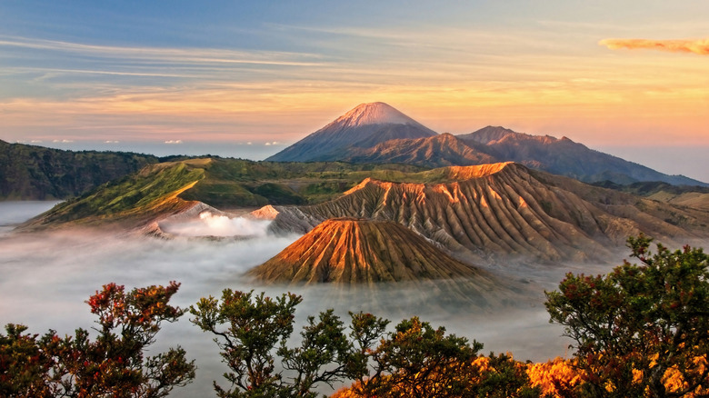 Scenic of Mount Bromo and Mount Semeru at sunrise in the Bromo Tengger Semeru National Park