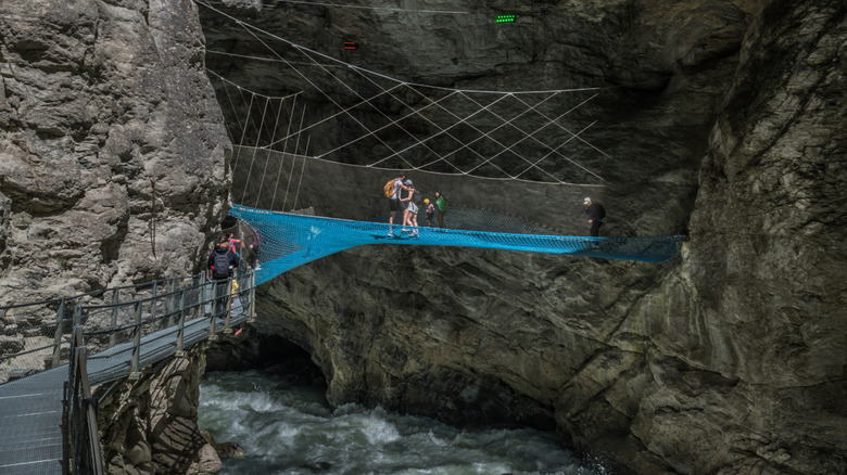 People standing on a netting connecting one side of a canyon to another above rushing water