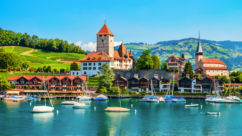 Turqoise lake harbor filled with small boats and waterfront promenade in background