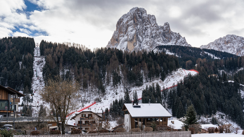 Saslong downhill course under Sassolungo Mountain in Santa Cristina, Alto-Adige, Italy