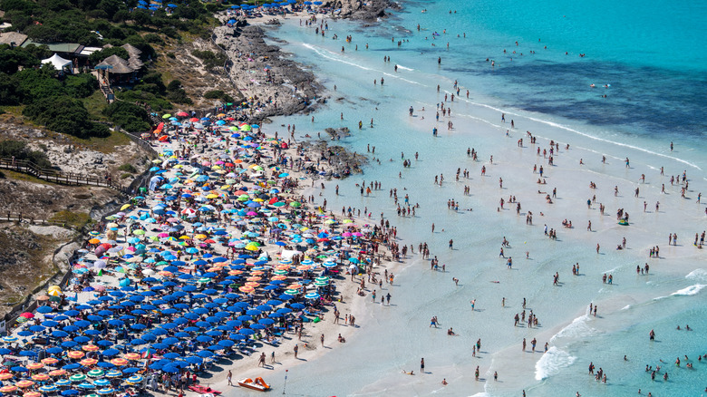 La Pelosa Beach full of beachgoers in Sardinia, Italy