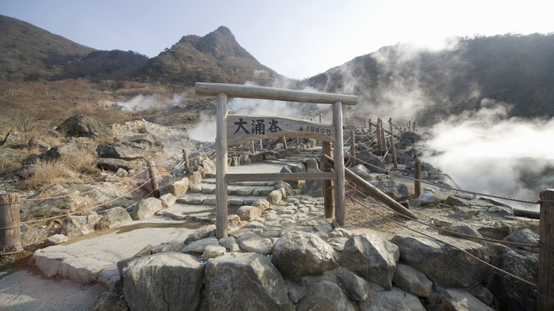 Steam rising from rocks in Owakudani