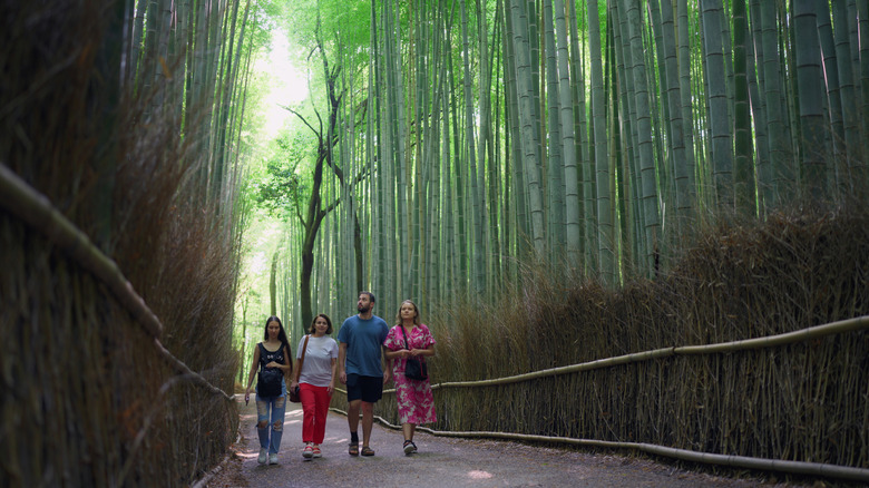 A group of tourists walking through Arashiyama bamboo forest in Kyoto, Japan.