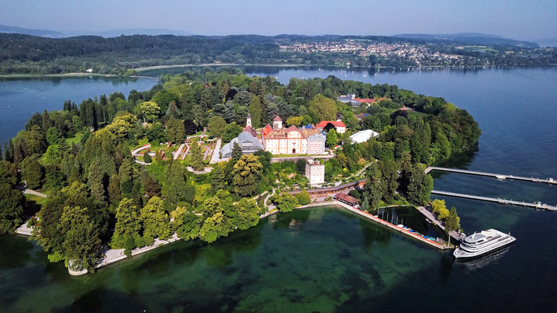 An aerial view of Mainau Island in Lake Constance