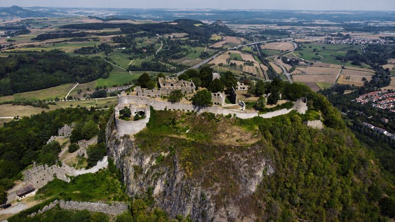 Hohentwiel Castle ruins and the surrounding countryside views from the air
