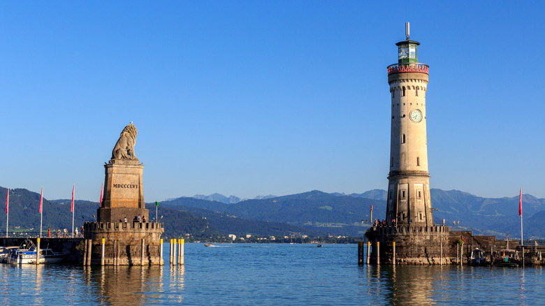 The lighthouse and Bavarian lion in Lindau Harbor