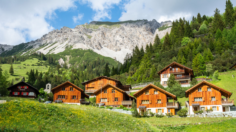 Traditional wooden chalets in an Alpine valley, Malbun, Liechtenstein