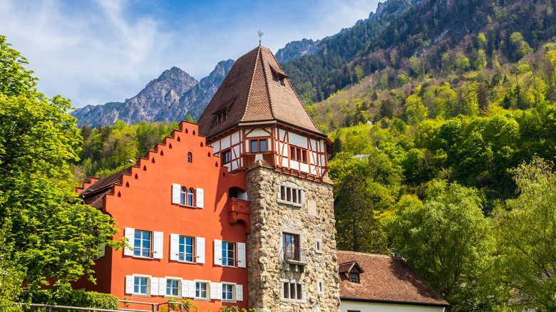 Famous historical Red House just outside of Vaduz, Liechtenstein