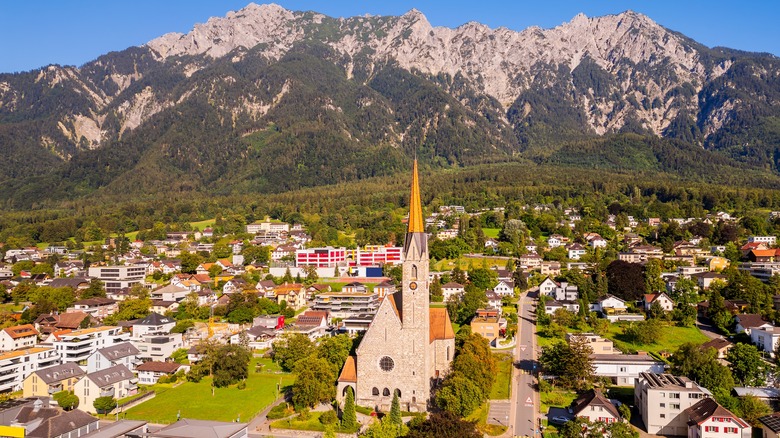 Aerial view of tall church in Schaan, Liechtenstein