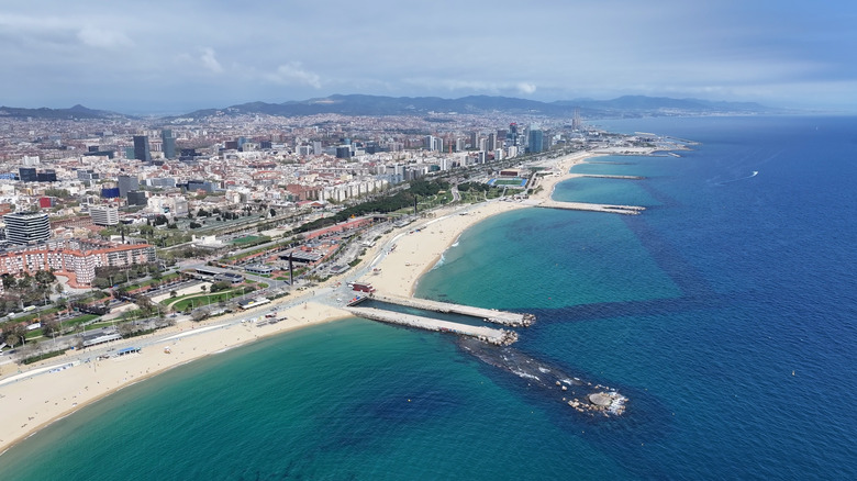 Aerial view of Barceloneta Beach in Spain