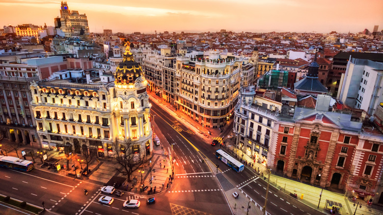 aerial view of the Gran Vía in Madrid at dusk