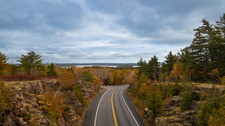 The scene from the road in Maine during fall