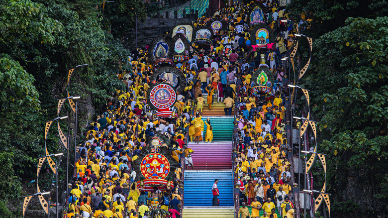 Malaysian Hindu devotees carry milk pots and kavadis as they climb the steps at Batu Cav1