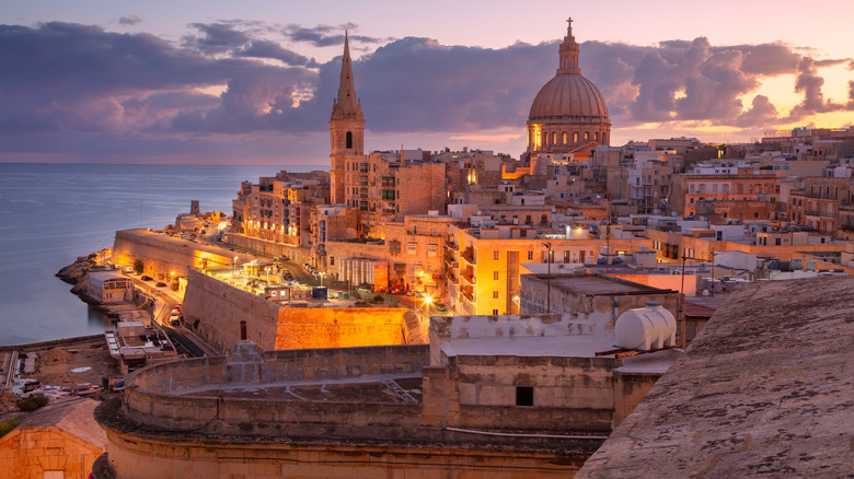 Valletta's old town illuminated at sunset
