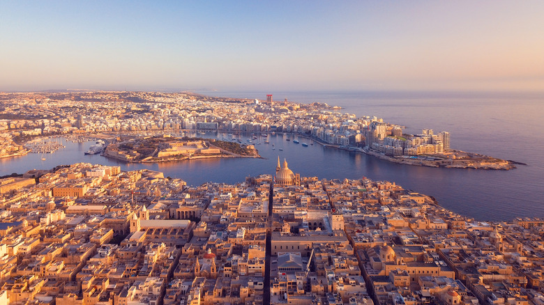 An aerial view of Valletta, Malta at sunset