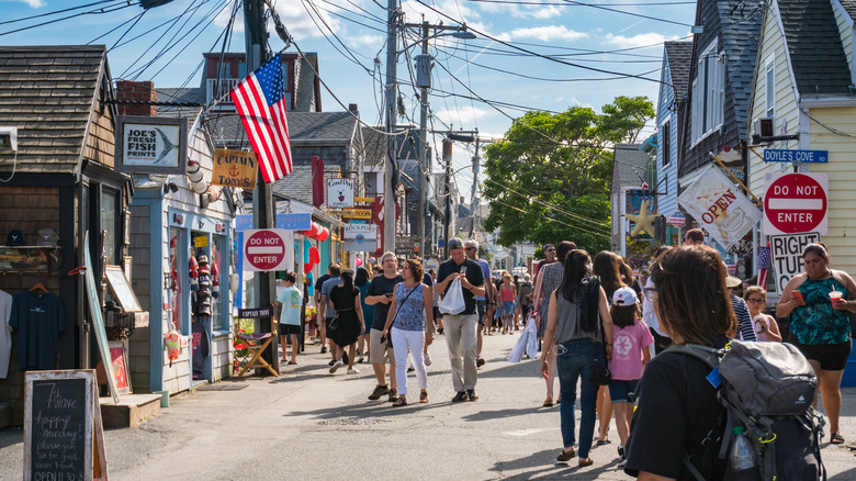 Shoppers walking along a busy street in Rockport, Massachusetts
