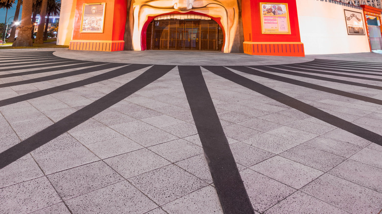 Nighttime view of the Mr. Moon entry at Luna Park, Melbourne with palm trees on the left and a roller coaster track on the right