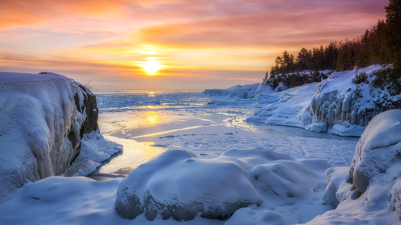 The frozen shoreline of Lake Superior near Marquette, Michigan