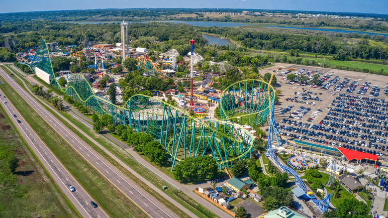 An aerial view of Valleyfair in Shakopee, Minnesota, beside a highway and parking lot