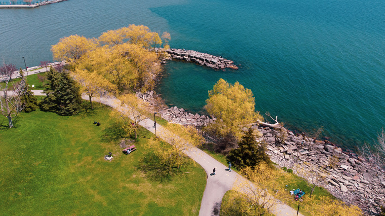 Aerial view of Port Credit walking trails and lake in Mississauga.
