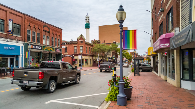 Downtown Moncton, New Brunswick, with a Pride flag on a light post