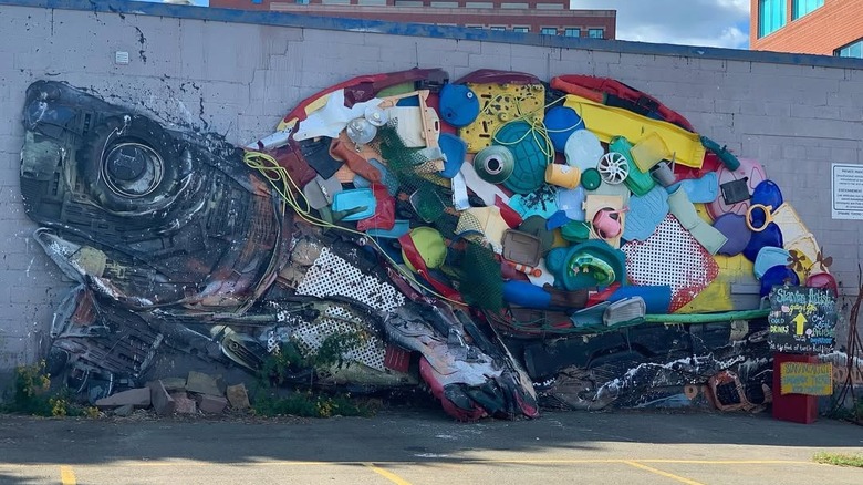 A large mural made out of found objects in Moncton