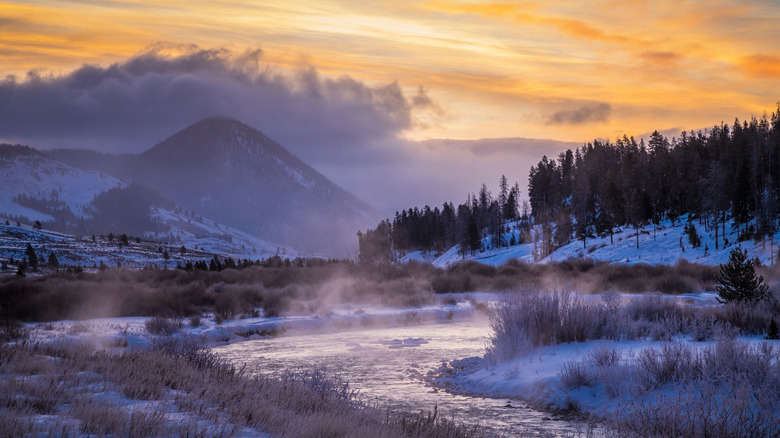 steam rising from the Gallatin River at sunrise near Big SKy