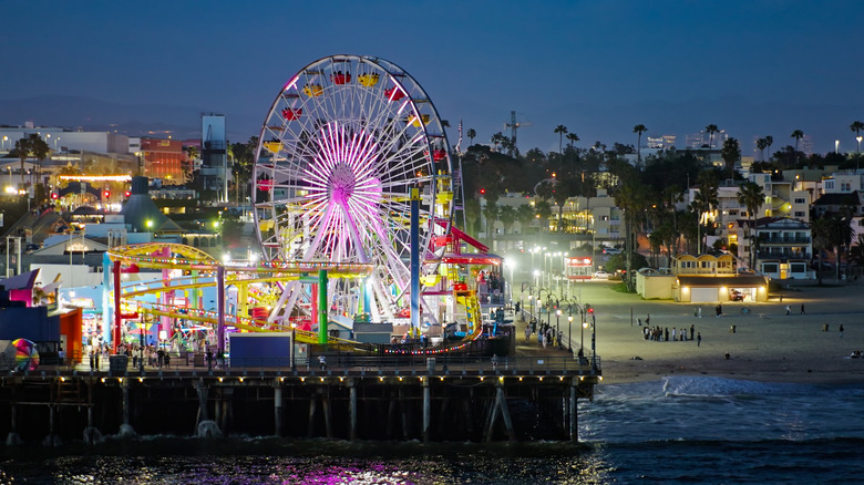 view of Santa Monica Pier at night from the ocean