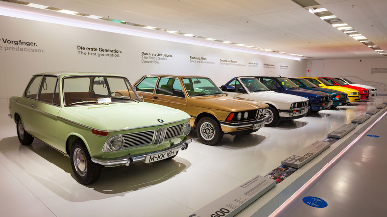 A row of cars at the BMW Museum in Munich