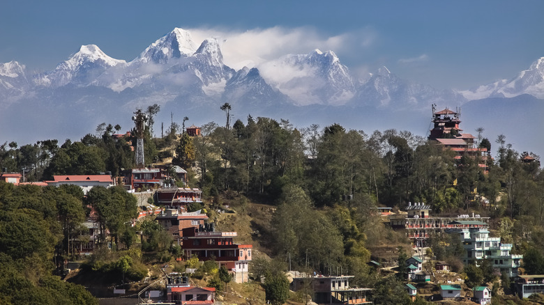 View of Nagarkot, Nepal, framed by mountains.