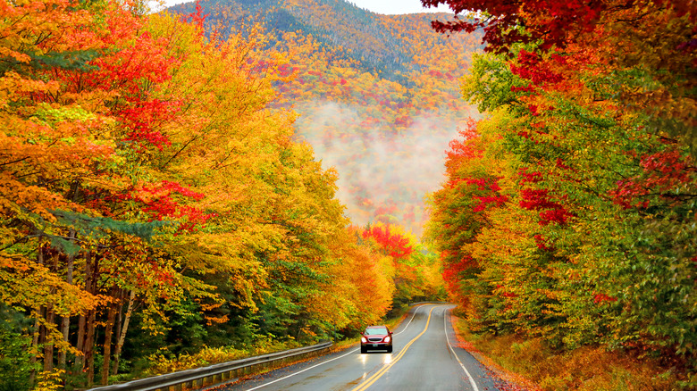 Car driving along Kancamagus Highway during fall