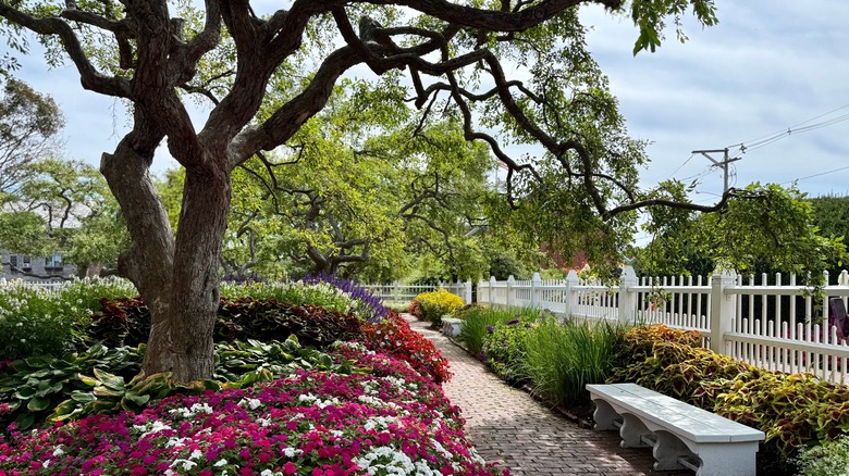 Flowers and brick path in Prescott Park