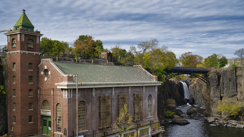 Hydroelectric plant, bridge and waterfall at Paterson Great Falls National Historical Park in Paterson, New Jersey