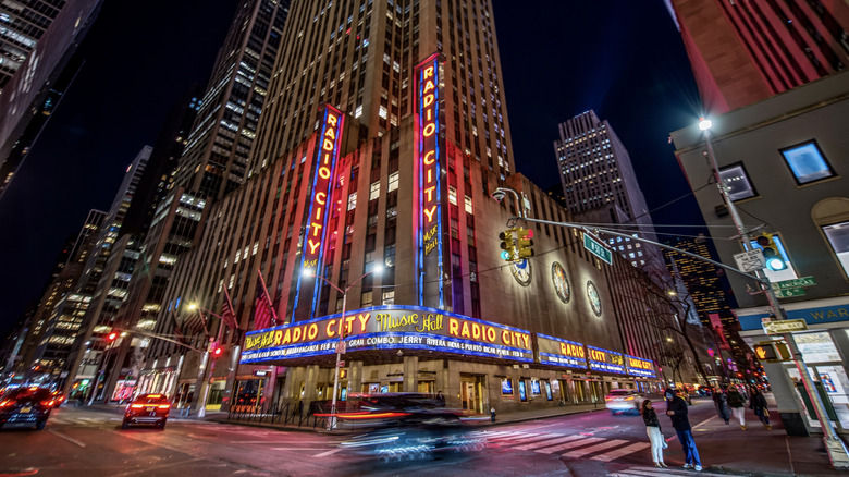 A wide-angle view of Radio City Music Hall at night