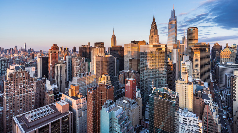 A high-angle view of downtown Manhattan, including the Chrysler Building