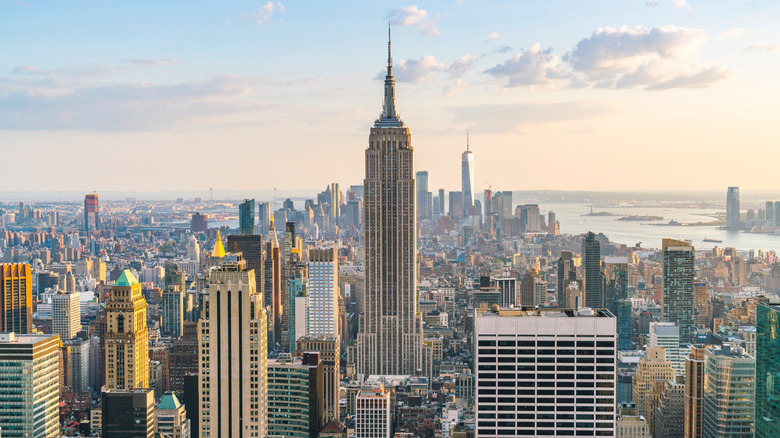 The Empire State Building centered in a skyline view of Manhattan