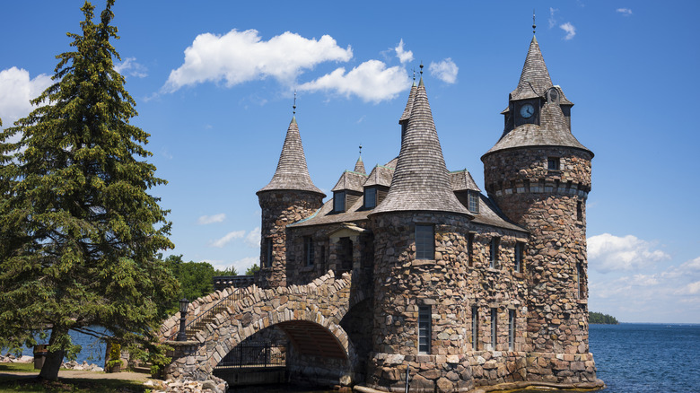 View of Boldt Castle, located on Heart Island in the Saint Lawrence River, on a sunny day.