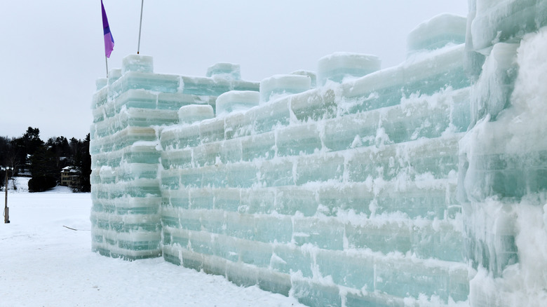 Winter scene with ice sculptures made from frozen blocks of lake water in the Adirondacks at Saranac Lake, New York