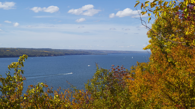 Watercraft navigate the waters of Cayuga Lake, which is one of the Finger Lakes in New York State, during a partly cloudy autumn day.