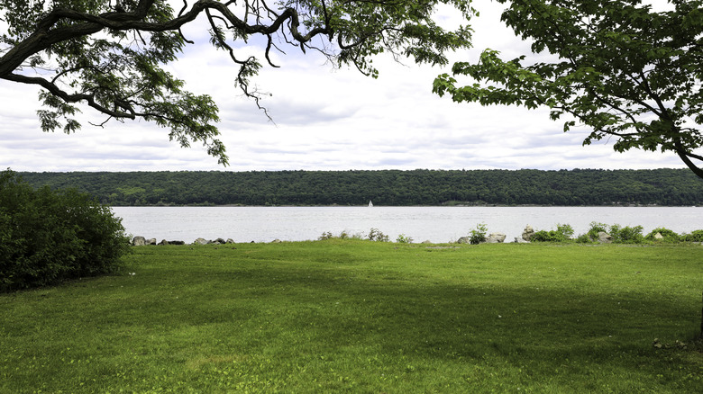 Cayuga Lake in the summer. Overcast morning with a view of the opposite shoreline