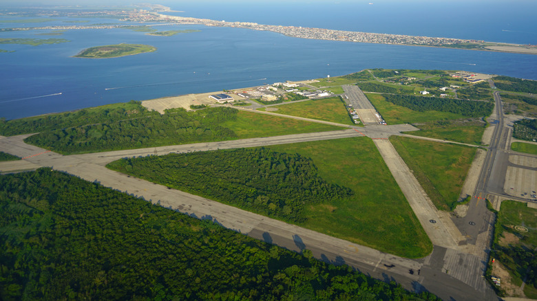 Aerial view of the Floyd Bennett Field, the former municipal airport of New York City, now a park on the National Register of Historic Places.
