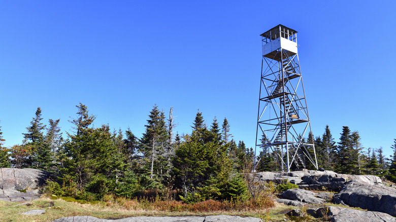 view of a historic fire tower on a rock face with sprase evergreens