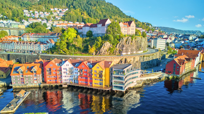 Aerial view of colorful houses on the sea in Bergen, Norway