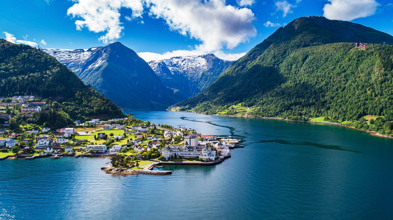 Aerial view of a town on Norway's longest and deepest fjord, Sognefjord